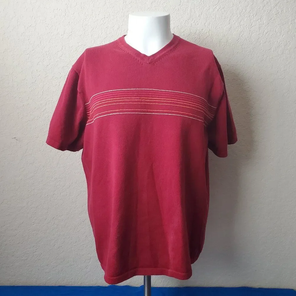 VTG Banana Republic Pima Cotton Sweater Shirt L Maroon Red Striped V-Neck Tee